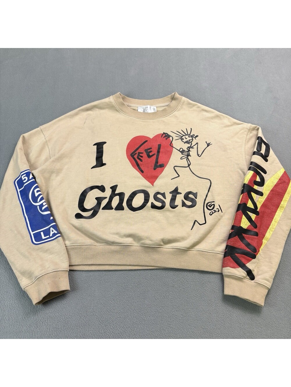 5AM Land I Feel Ghosts Crewneck Sweatshirt Size Large Tan